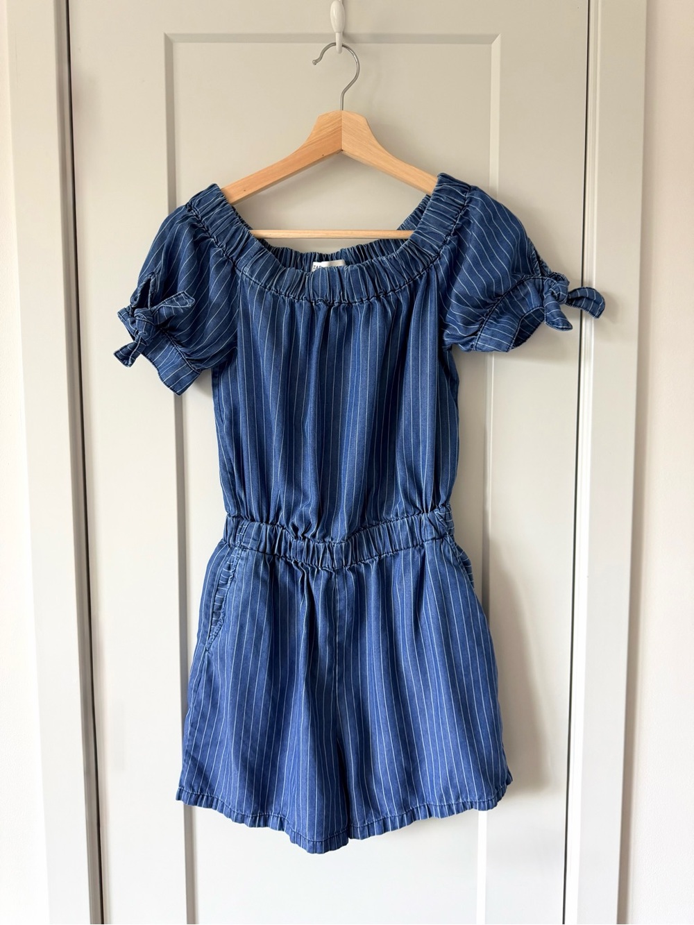 Zara Denim Pinstripe Tencel Off The Shoulders Romper – Size Small